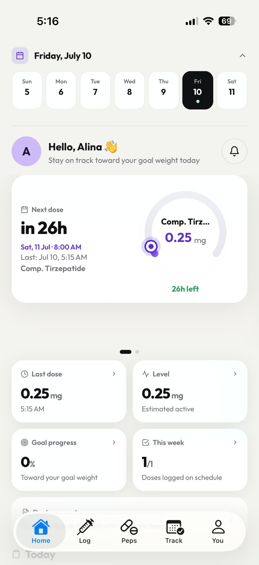PepOne iOS app screenshot showing today's schedule and next dose